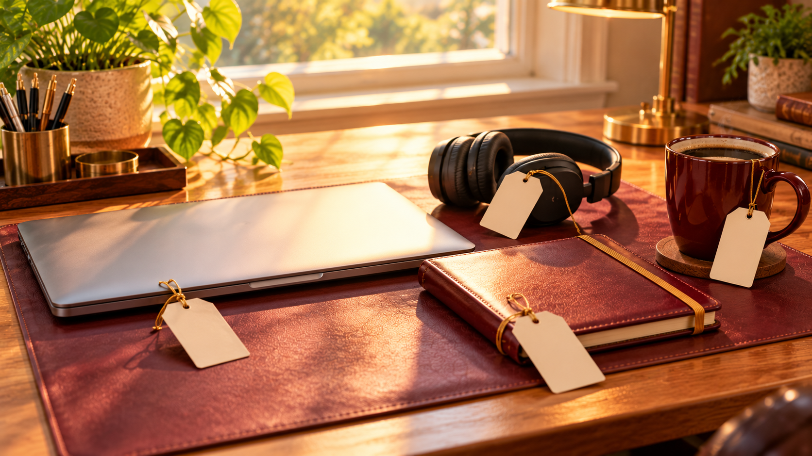 Everyday work tools on a burgundy desk mat, each with a small blank tag tied on with gold string, in warm light.
