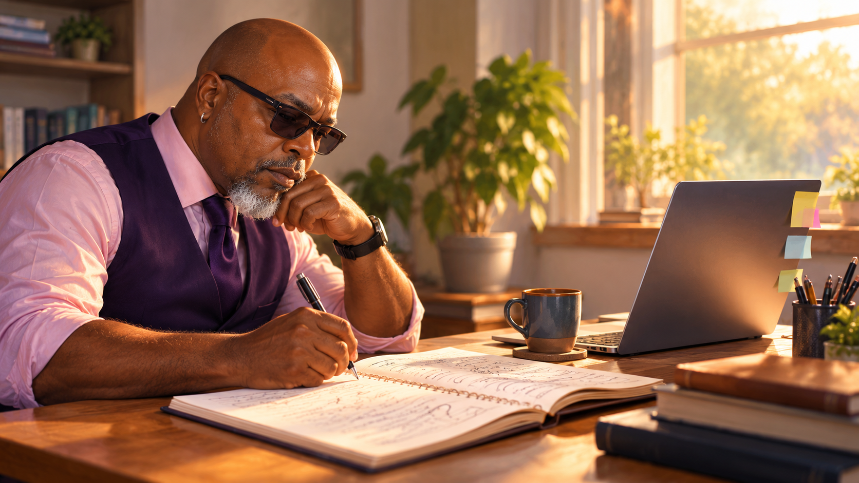 A person at a home desk writes in an open notebook beside a laptop, learning AI tools in warm morning light.