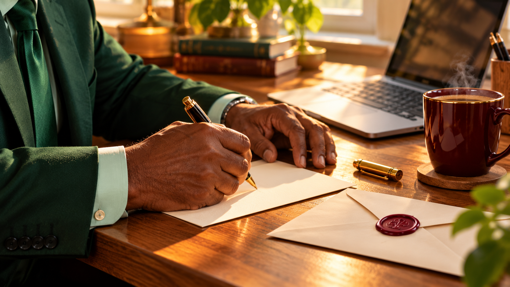 Hands writing a note on a home desk beside an envelope with a burgundy wax seal, a laptop, and coffee in warm light.