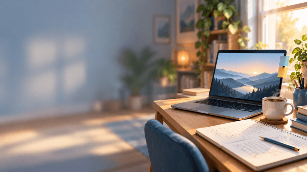 A home desk with an open laptop, a notebook of circled questions, sticky notes, and a cup of coffee in morning light.