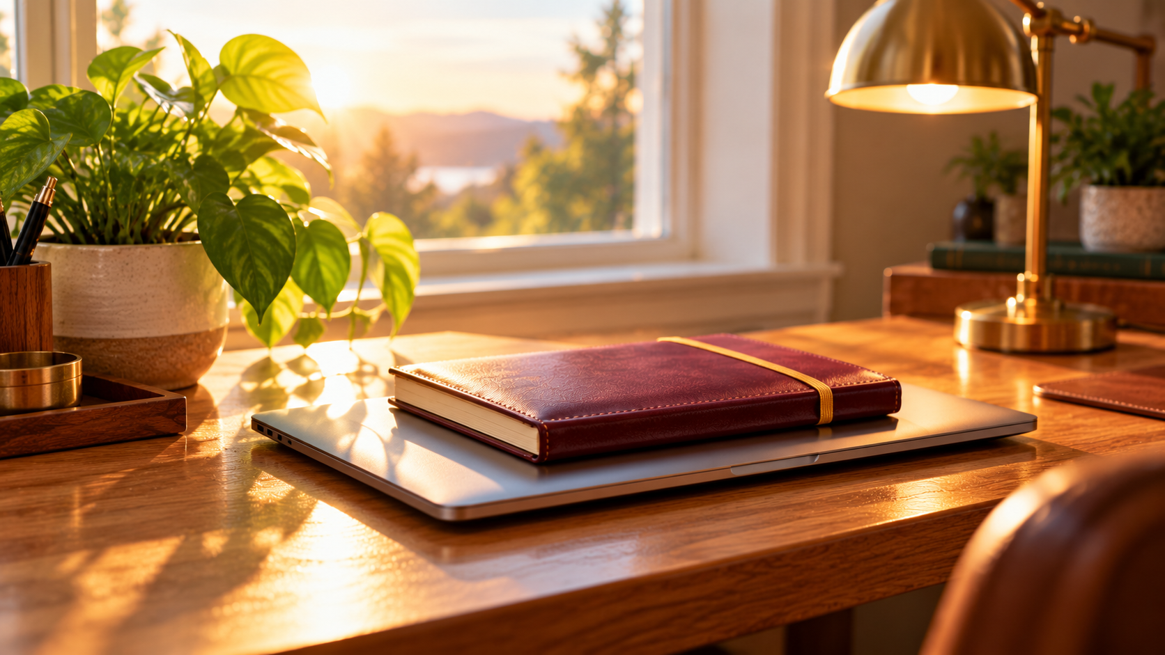 A closed laptop with a burgundy notebook fastened by a gold band on top, next to a plant and lamp on a quiet desk.