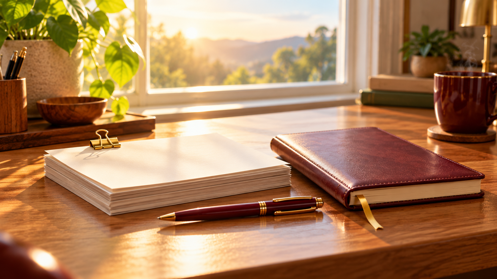 A tidy stack of papers held by a gold paperclip beside a closed notebook and burgundy pen on a calm home desk.
